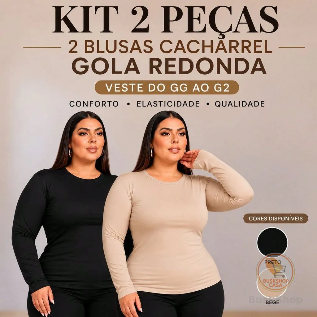 Kit 2 Blusa Segunda Pele Plus Size- Cacharrel Gola Redonda tecido Suplex