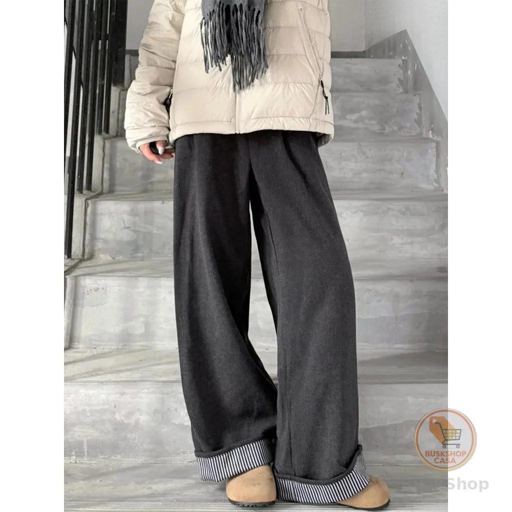 Calças cinza outono inverno calças de lã plus Size gordura mm calças de perna larga mulheres mais veludo Drape forma pêr