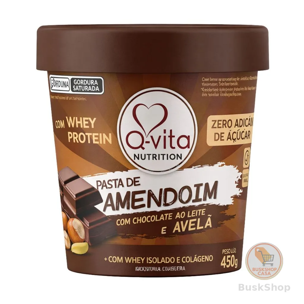 Pasta de Amendoim Sabor Chocolate ao Leite e Avelã Zero Açucar Sem Gluten 450g Whey Isolado e Colágeno - Q-vita