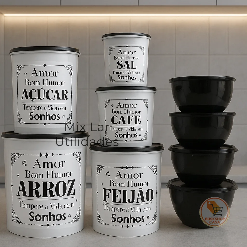 Kit potes de mantimentos cozinha com 9 peças de plástico decorado