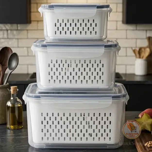 Kit 3 Potes Organizador Geladeira Hermético Cesto Drenagem Branco