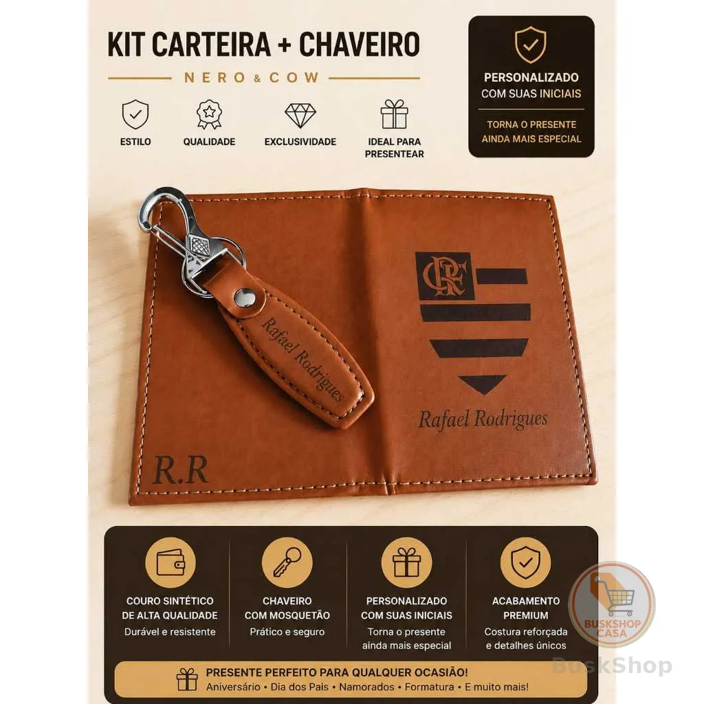 Kit Carteira e Chaveiro Personalizados/Time / Nome/Gravação a Laser /  Dia dos Pais/ Namorados