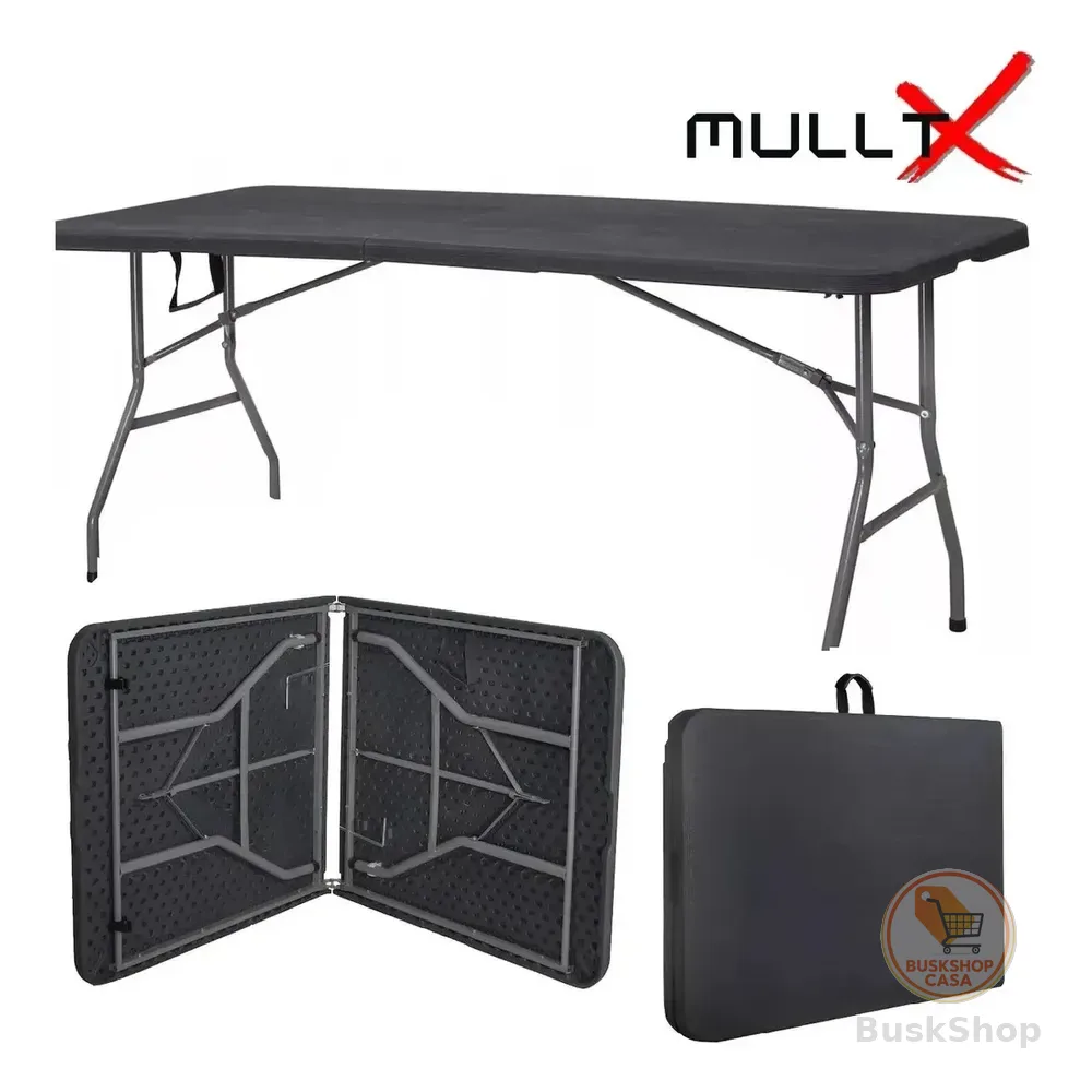 Mesa Dobrável Vira Maleta Com Alça Portátil 1.80m Para Camping Pesca Jardim Área Externa Ou Interna Salão De Festas Gourmet Cor Preta Preto Marca Mulltx