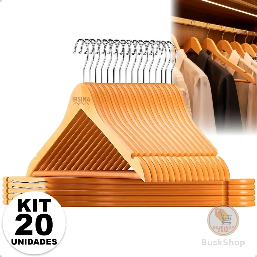Kit Cabide Madeira Mafim Antiderrapante Para Roupa Adulto Reforçado Irsina