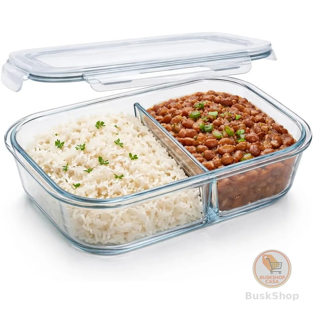 Pote Marmita de Vidro Borossilicato com Divisória | Pote Hermético 2 Compartimentos, 1040ml, 18x13,5x6cm
