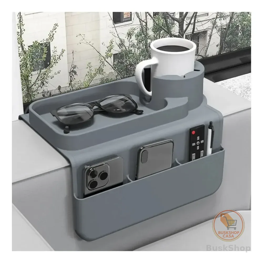 Bandeja Suporte Para Sofá Risma Organizador De Silicone Cinza Com Porta Copos