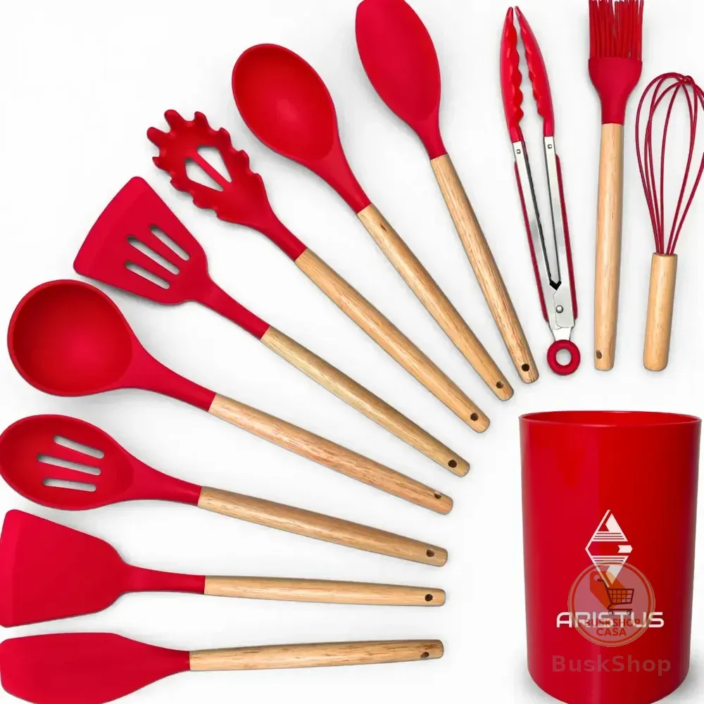 Kit 12 Utensílios De Cozinha Em Silicone Premium Com Cabo De Madeira Aristus Resistentes Ao Calor Até 220°c, Antiaderentes, Duráveis E Modernos Cor Vermelho