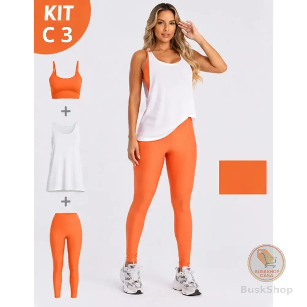 Kit 3 Peça Fitness Roupa Academia Legging + Cropped + Regata Laranja P
