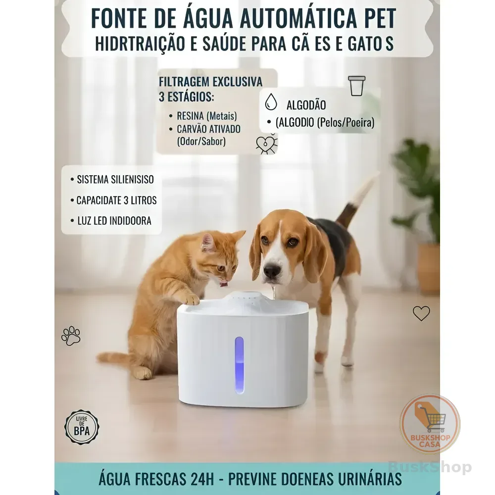 Fonte De Agua Bebedouro Pet Gatos Cães Automático Filtro 3l 127/220v Branco