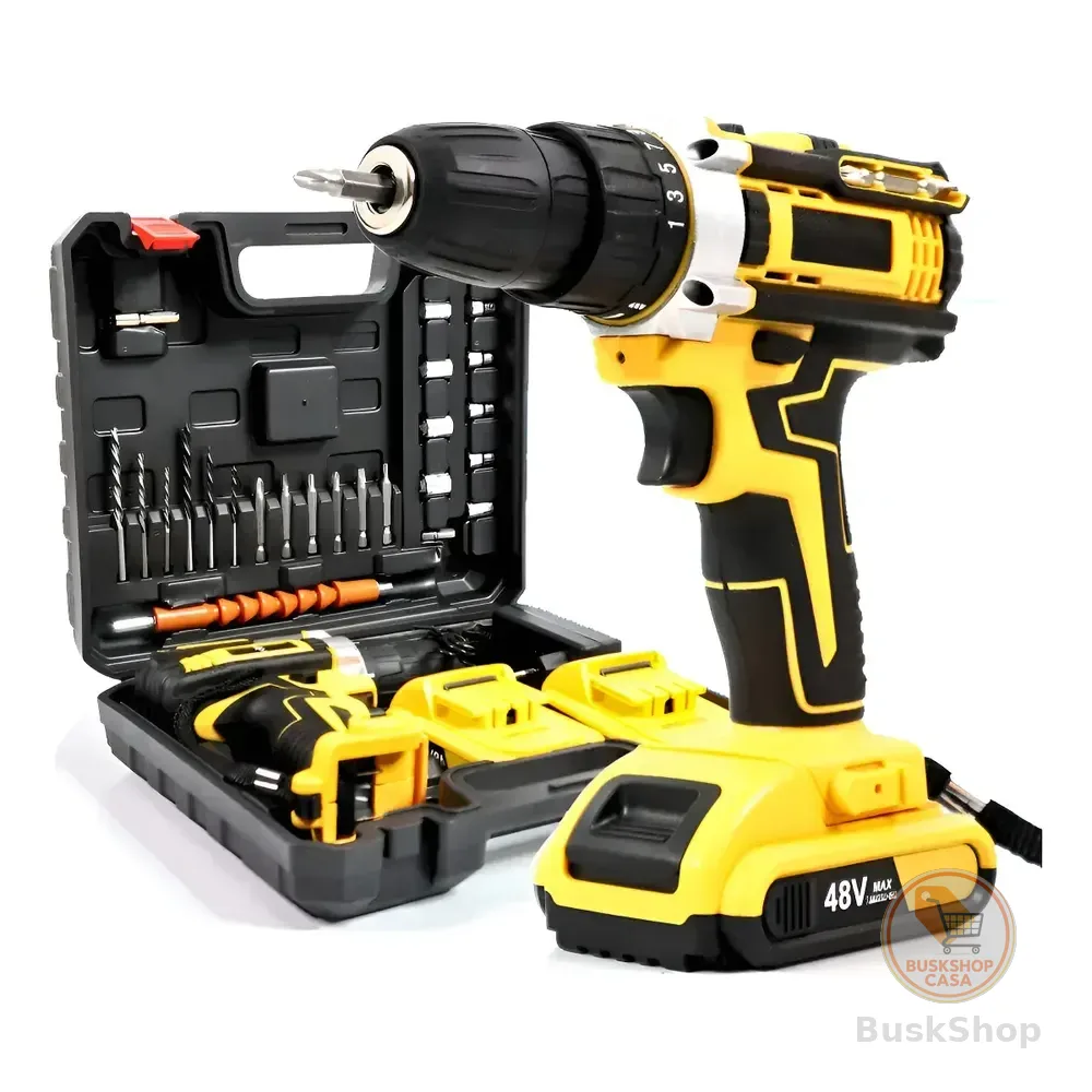 Parafusadeira Furadeira 48v Profissional 2 Baterias Sem Fio Amarelo 100-240 50/60
