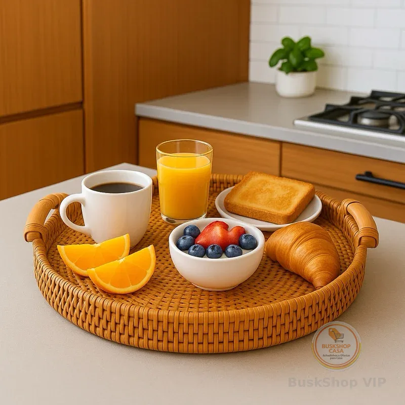 Bandeja De Café da Manhã Porta Temperos Com Alça Vime Decorativa Mesa Cozinha Luxo Bambu