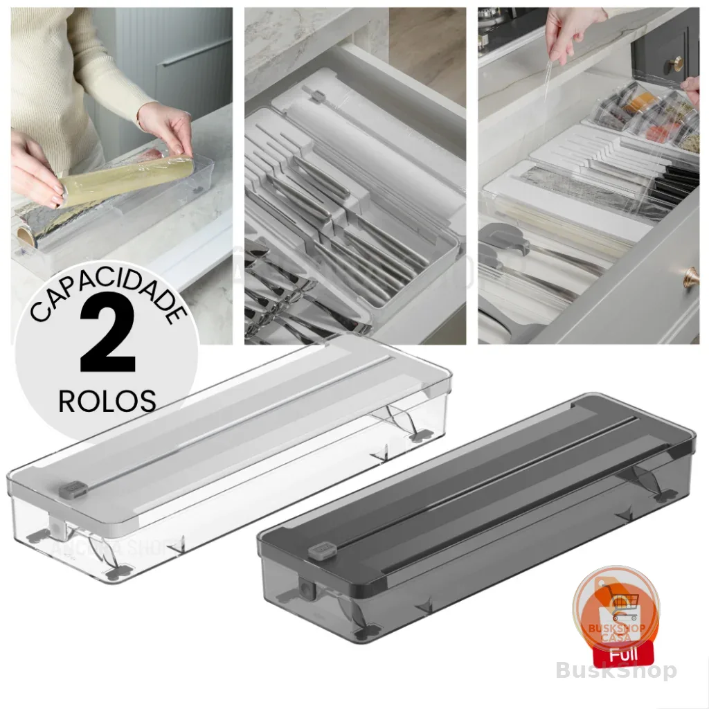 Organizador de Rolos Duplo e Cortador de Plástico Filme Papel Alumínio Manteiga Ou 37cm x 12cm