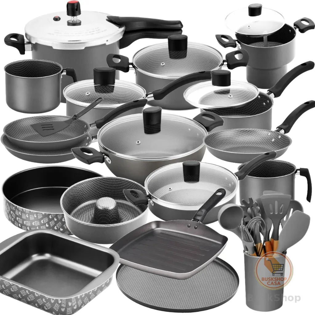 Jogo De Panelas Teflon Cinza 30pç + Formas + Cuscuzeira + Utensilios + Frigideira + Wok + Cuscuzeira