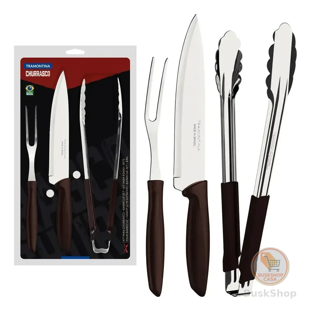 Kit Para Churrasco Plenus Com Lâminas Em Aço Inox 3 Peças Marrom Tramontina