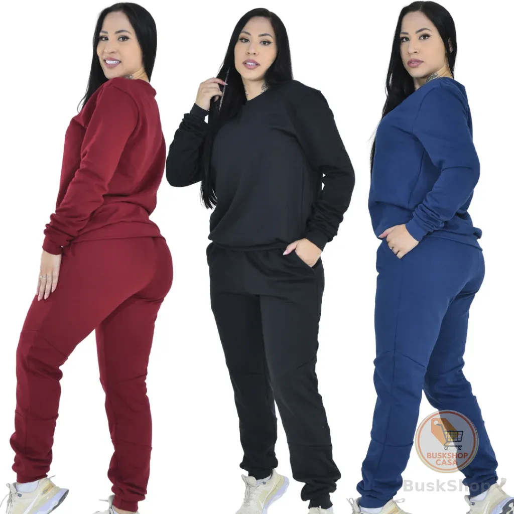 Conjunto Moletom Feminino Blusa e Calça de Frio Kit Casaco Agasalho Flanelado