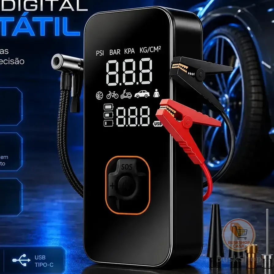 Bomba Elétrica Portátil Digital Para Encher Pneu De Carro Moto Bicicleta Inflador Automotivo Cor Preto 127/220v 50 Hz/60 Hz Monofásica