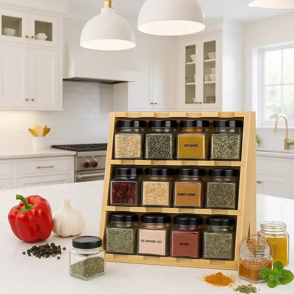 Porta-tempero De Mesa Com 12 Potes Vidro 60ml Estrutura Madeira Bege