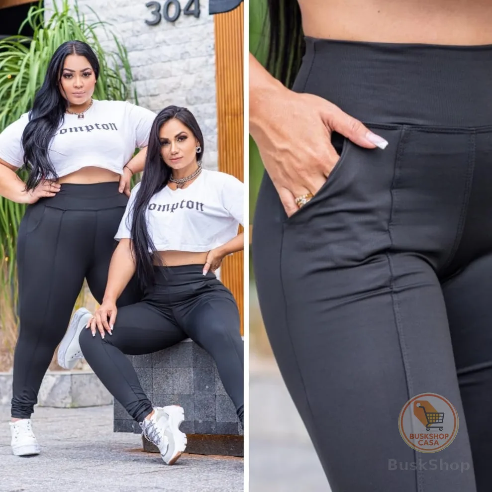 Legging Plus Size Com Bolso Faca E Cintura Alta Suplex Grossa Do M ao G4