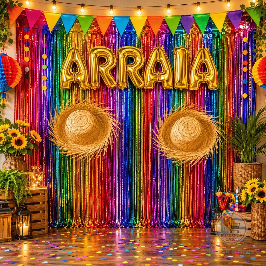 Kit Decoração Festa Junina Cortinas Metalizadas + Balões Letras + Chapéu de Palha Decoração Arraia São João