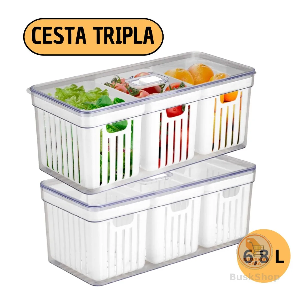 Organizador de Geladeira 6,8 Litros Com 3 Cesto Tampa Multiuso Alimentos Verduras e Vegetais