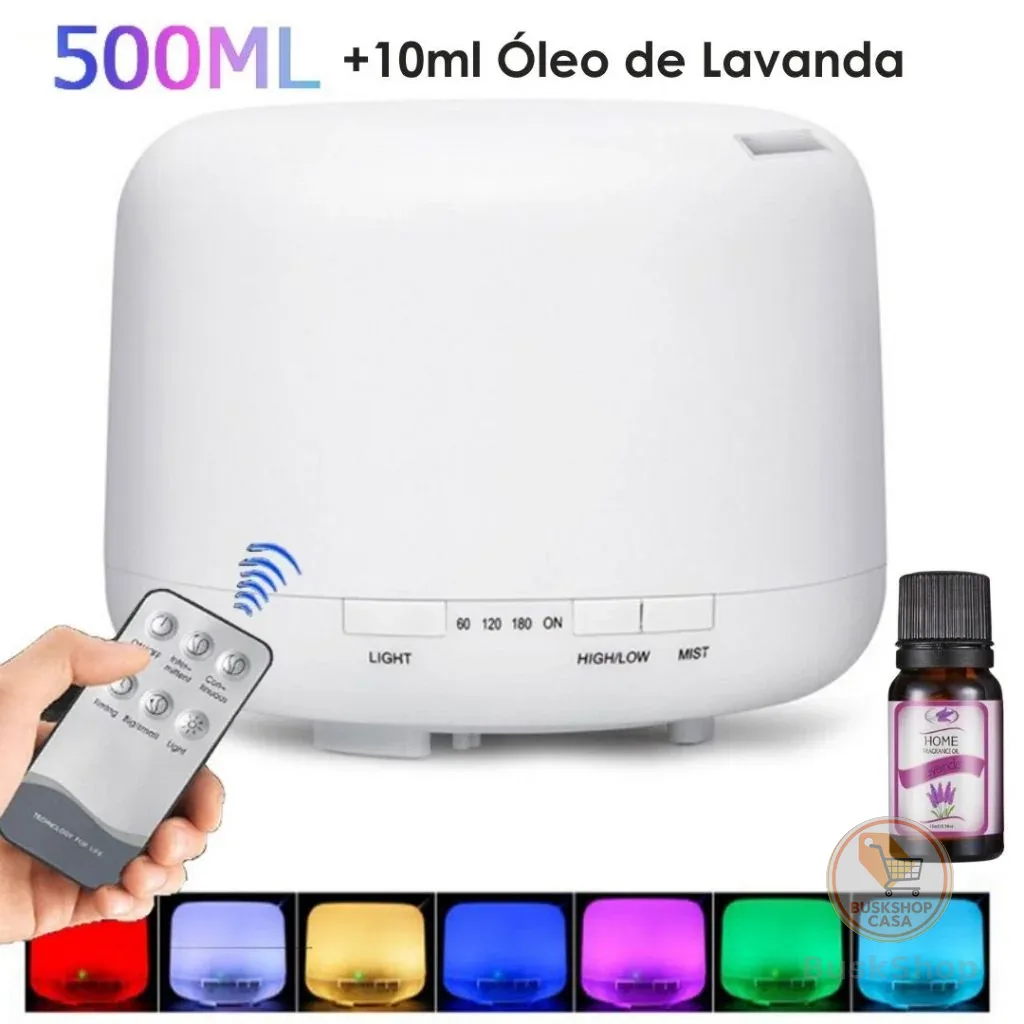 Umidificador Portátil 500ML Aromatizador Luz LED De 7 Cores Com Controle Remoto / Ambiente mais Agradável para Dormir