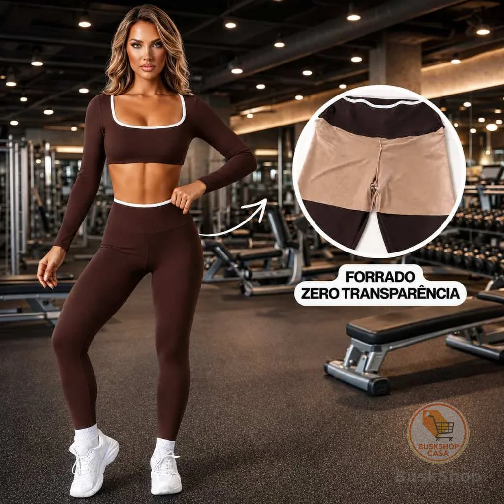 Conjunto Manga Longa Forrado de Academia Fitness Feminino com Top Manga Comprida e Legging Cós Alto