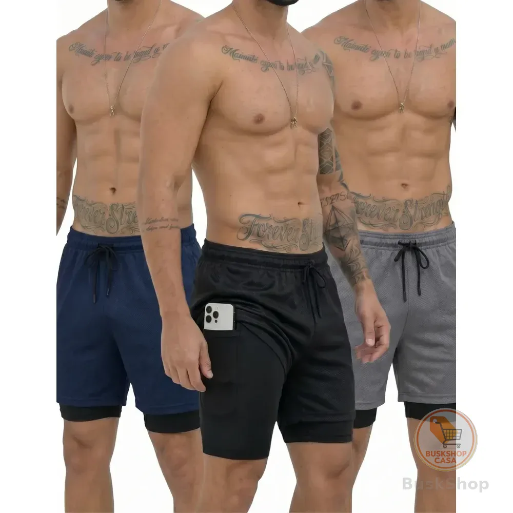 Kit 3 Shorts 2 Em 1 Duplo Bolso Para Academia Treino Corrida Preto/azul/cinza Gg