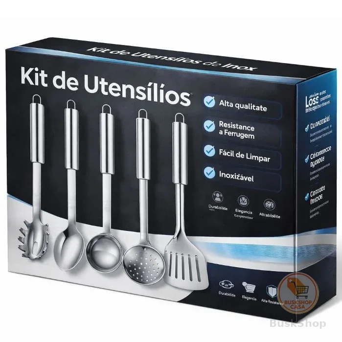 Kit Utensílios de Cozinha em Inox – , Colher De Arroz,Concha, Escumadeira, Espátula e Pegador de Massa – Alta Qualidade