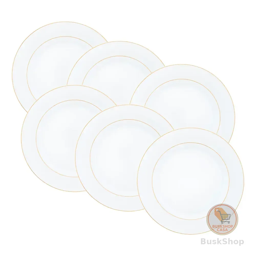 Conjunto De 6 Pratos Rasos De Porcelana Mônaco Com Fio De Ouro 27cm X 3cm Branco Wolff