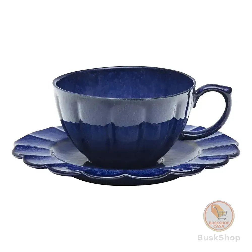Jogo 6 Xícaras Chá 220ml Azul Porcelana Oxford Com Pires Liso Com Alto Relevo