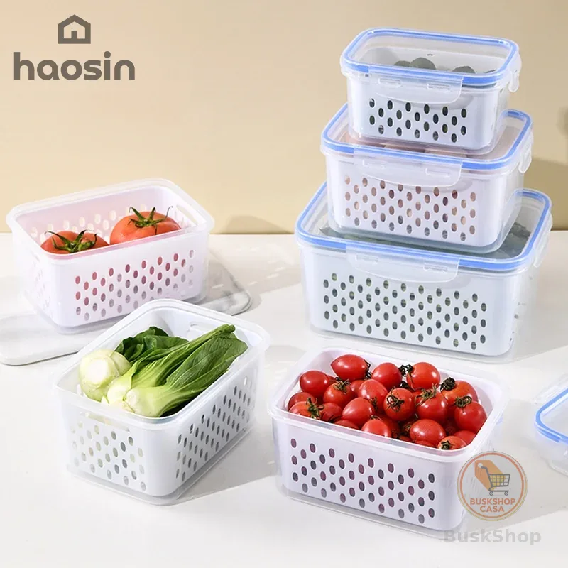 haosin Kit 3 Potes Organizadores para Geladeira com Escorredor, Tampa e Cesta - Alimentos Resistentes