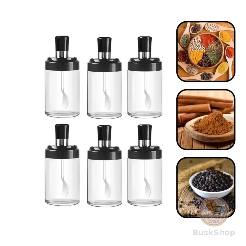 Kit 6 Porta Tempero com Colher Condimento Sal Açucar