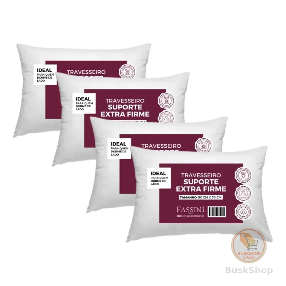 4 Travesseiros 100% Algodão  Fibra Siliconada Extra Firme  Branco Padrão