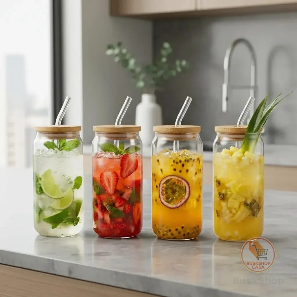 Kit Copos de Vidro com Tampa de Bambu e Canudo de Reutilizável Hermético Suco Café Transparente