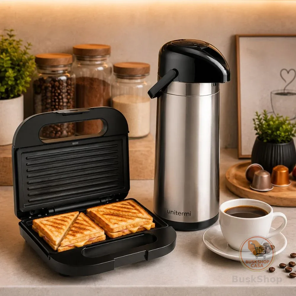 Kit Café da Manhã Sanduicheira Elétrica 750W + Garrafa Térmica 1L c/ Alça - Pressão Cozinhas Lanches