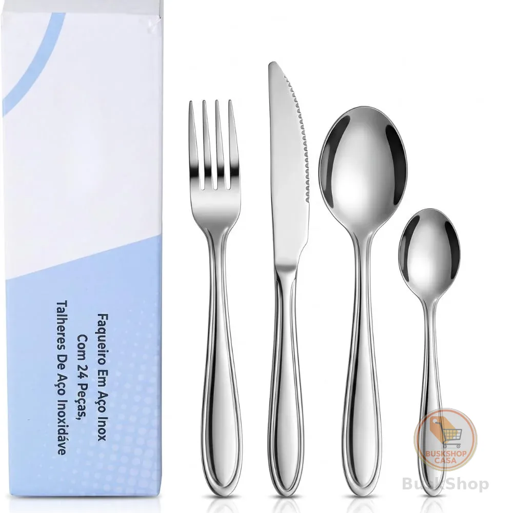 Jogo de Talheres 24 Peças em Aço Inox — Faqueiro para Mesa Posta, Cozinha, Almoço | Conjunto para o Jantar e Uso Diário | Kit com Facas de Mesa, Garfos, Colheres de Mesa e Colheres de Chá