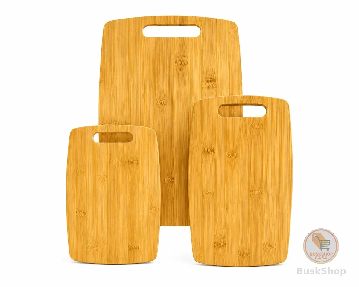 Kit Tábuas de Corte em Bambu 100% Natural – Conjunto com 3 Tábuas para Cozinha com Alça – Ideais para Cortar Carnes, Legumes e Frutas 28X20, 33X25 e 25X16cm (retangular borda reconda)