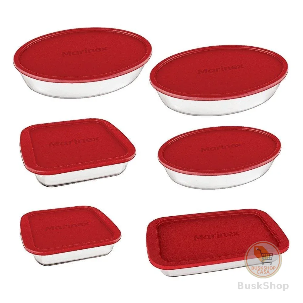 Conjunto de Assadeiras de Vidro Marinex com Tampa Vermelha 6 Peças