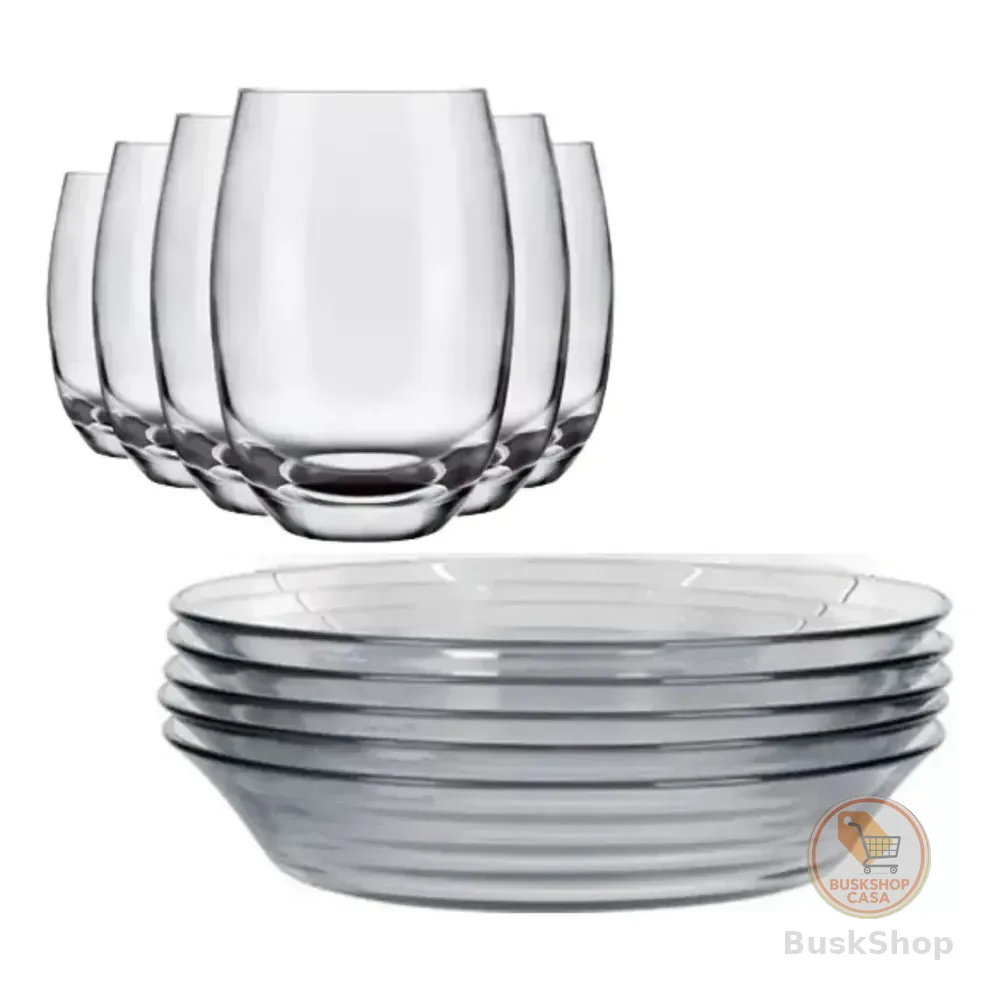 Jogo De 6 Pratos E 6 Copos Vidro Elegante Buffet Restaurante Transparente Liso