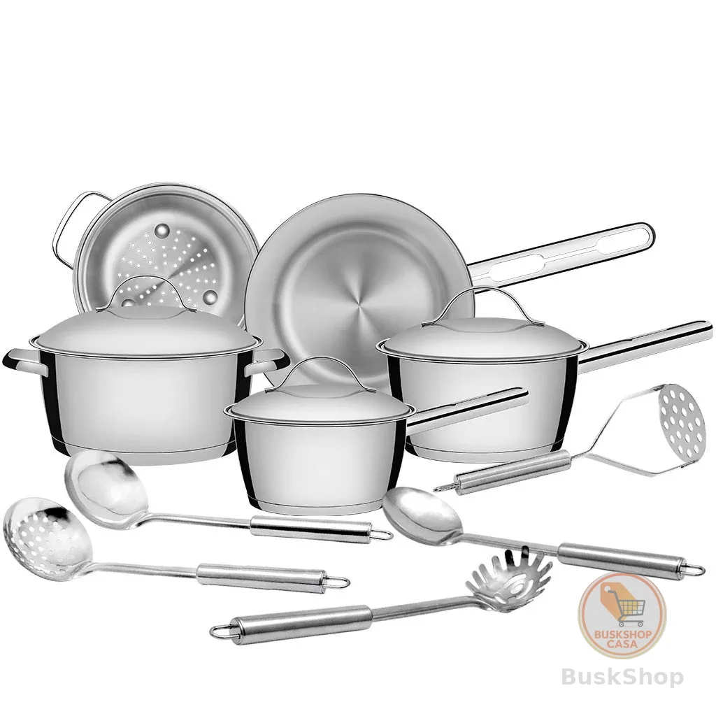 Jogo de Panelas Tramontina Allegra em Aço Inox com Fundo de Indução e Utensílios Inox 10 peças