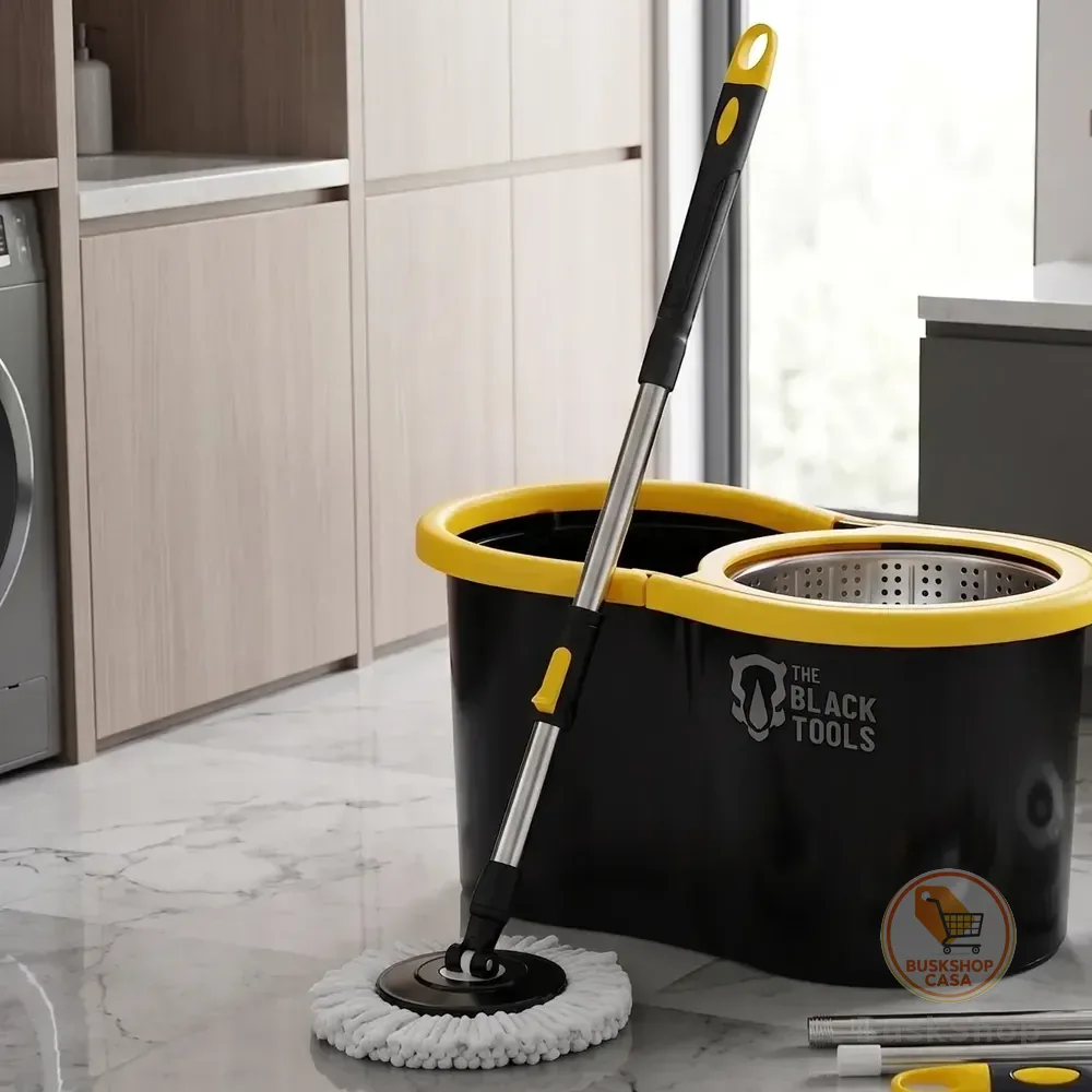 Mop Giratório 360° Balde Inox 8 Litros Centrífuga C/ 2 Refis Preto E Amarelo