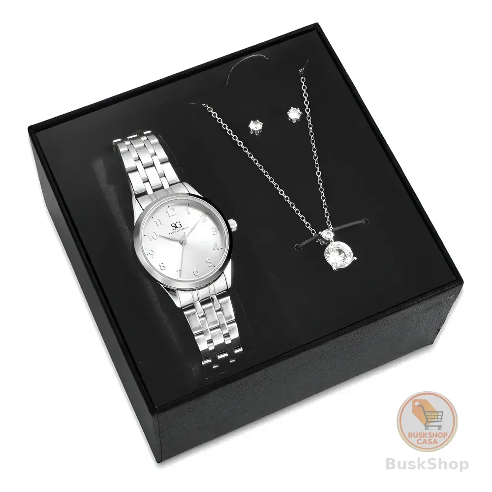 Kit Relógio Colar E Brincos Ponto De Luz Feminino Luxo Silver Saint Germain Presente Original Joias Prata Elegante Clássico 28mm Prateado