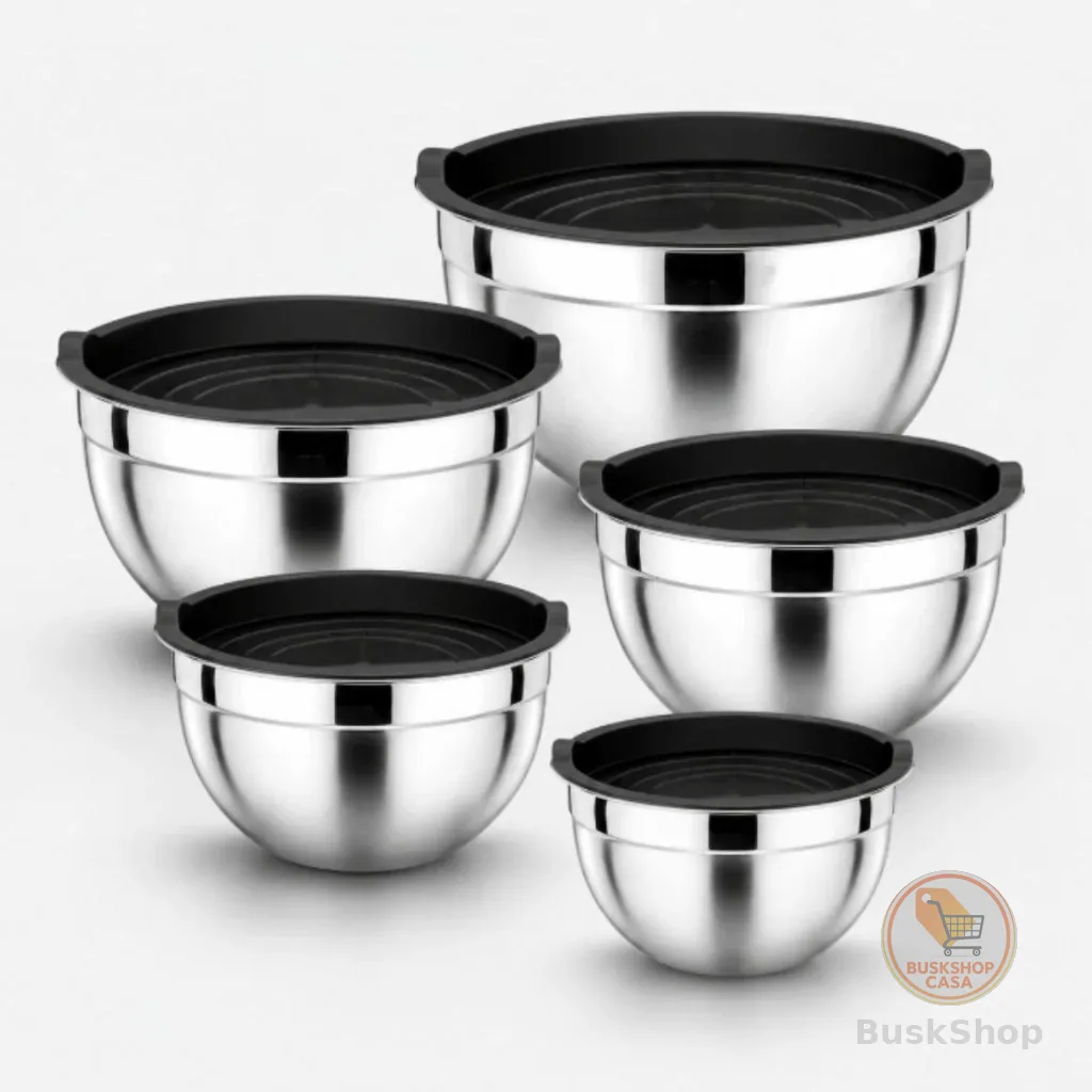 Kit 5 Tigelas Fundas Inox com Tampa - Bowls com tampa - Bacias de Aluminio