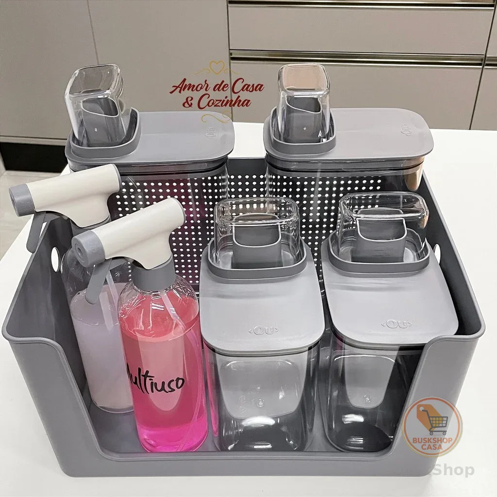 KIT LAVANDERIA 7 PEÇAS POTES CESTO E BORRIFADORES FLOW ESCOLHA SUA COR