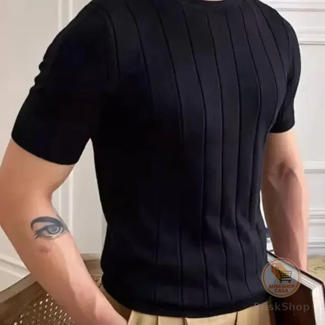 Camiseta Masculina Básica Canelada Manga Curta Tricot Modal