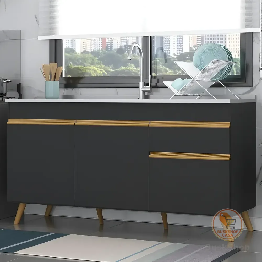 Balcão Armário Cozinha Gabinete Para Pia 150cm 3 Portas 1 Gaveta Retrô Veneza Multimóveis Mp2072 Preto