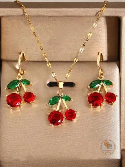1 Peça Conjunto de Joias de Cereja Feminino: 1 Colar, 1 Par de Brincos, Adequado para Uso Diário, Festivais, Festas, Férias na Praia, Presentes