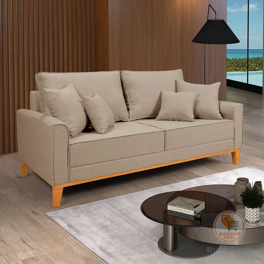 Sofá Living Beny 3 Lugares 1,80m Base de Madeira Para Sala de Estar Linho
