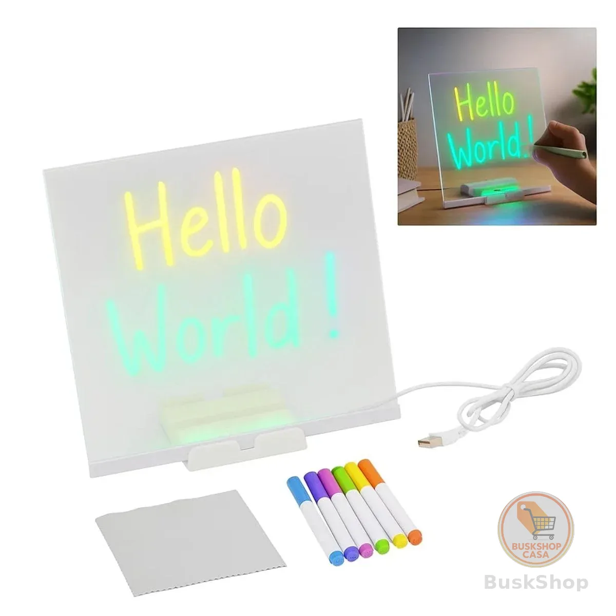 Lousa Mágica LED 20x20cm, Quadro Luminoso Infantil com Base Iluminada, 7 Canetas Coloridas, Tela Acrílica, Flanela para Limpeza, USB