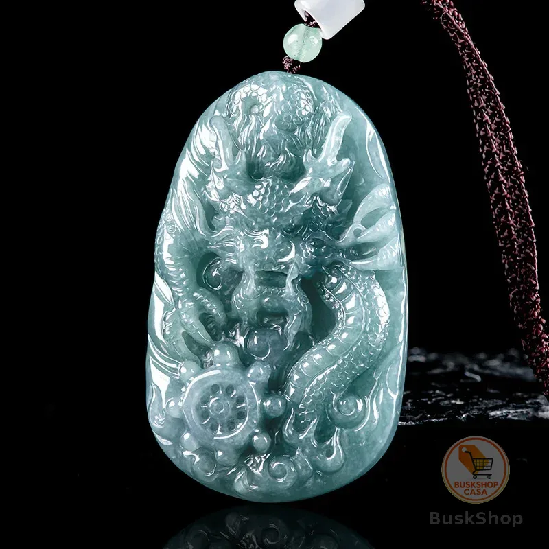 Colar com Pingente de Dragão em Jadeíta Birmanesa, Acessório de Moda em Pedra de Jade Birmanesa, Amuleto Esculpido de Designer, Luxuoso